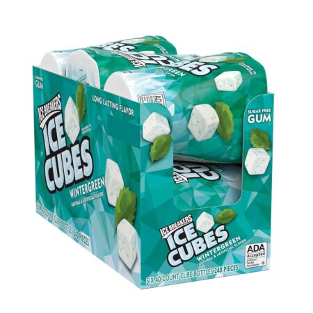 ICE BREAKERS Ice Cubes Sugar Free Chewing Gum Bottles, Wintergreen Flavor, 3.24 oz, 6 Packs of 40 Pieces