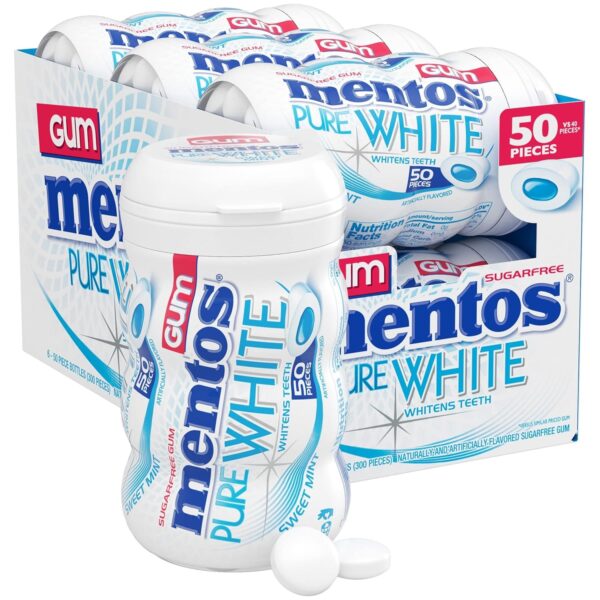 Mentos Pure White Sugar-Free Chewing Gum With Xylitol, Sweet Mint, 50Piece Bottle (Pack Of 6)