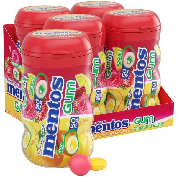 Mentos Sugar-Free Chewing Gum, Tropical, Red Fruit and Lime, 50 Piece Bottle (Pack of 4)