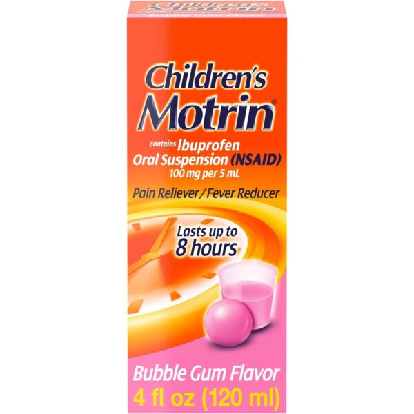 Motrin Children's Oral Suspension Medicine, 100 mg Ibuprofen, Bubble Gum Flavored, 4 Fl Oz, 1 Count