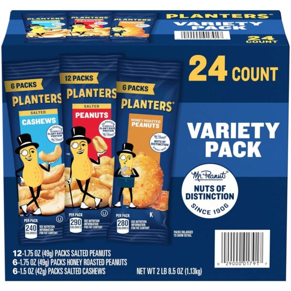 PLANTERS Peanuts & Cashews Variety Pack, 40.5 oz Pack, Pack of 24 Count