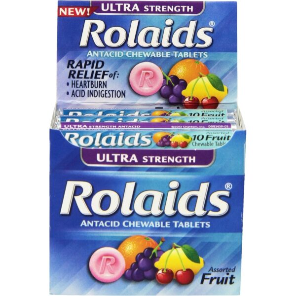 Rolaids Ultra Strength Antacid Chewable Tablets, Assorted Fruit, 1.3 Oz each, Box of 12 Rolls