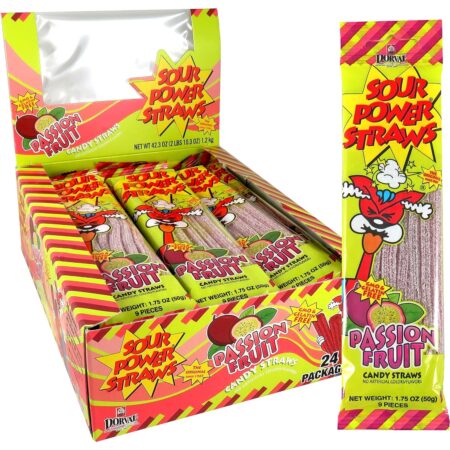 Sour Power Candy Straws, Passion Fruit Flavor, 1.75 Oz Per Pack, Pack of 24