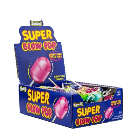 CHARMS Super Blow Pop Lollipops, Dual Candy and Gum Suckers, Assorted Flavors, 1.12 Oz each, 48 Count