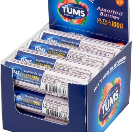 TUMS Antacid Chewable Tablets Ultra Strength, Assorted Berries, Pack of 12