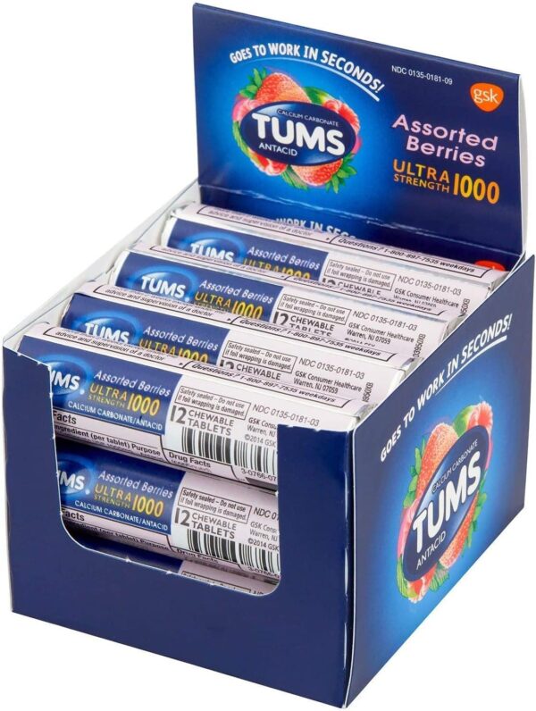 TUMS Antacid Chewable Tablets Ultra Strength, Assorted Berries, Pack of 12