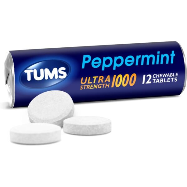 TUMS Ultra Strength Chewable Antacid Tablets for Heartburn Relief, Peppermint - 12 Count Rolls