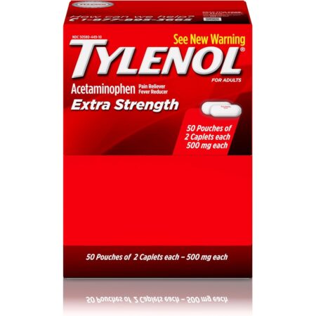 TYLENOL Extra Strength Caplets, Pain Reliever & Fever Reducer, 2-Caplet Pouches, 1 Pack of 50 Count