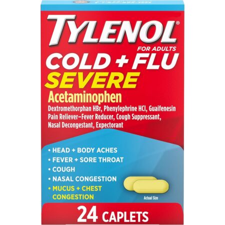 Tylenol Cold + Flu Severe Medicine Caplets for Fever, Pain, Cough & Congestion, 1 Pack of 24 Count