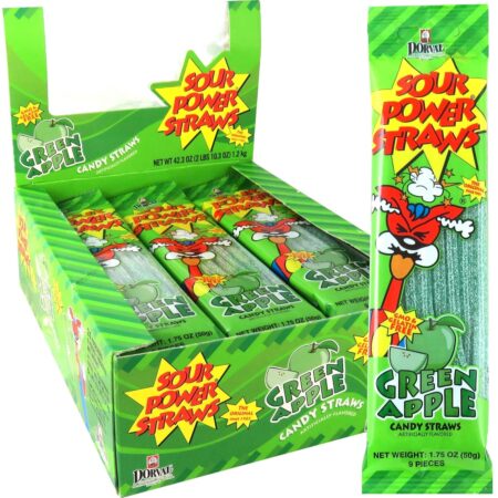 Sour Power Candy Straws, Green Apple, 1.75 Oz each, Pack of 24