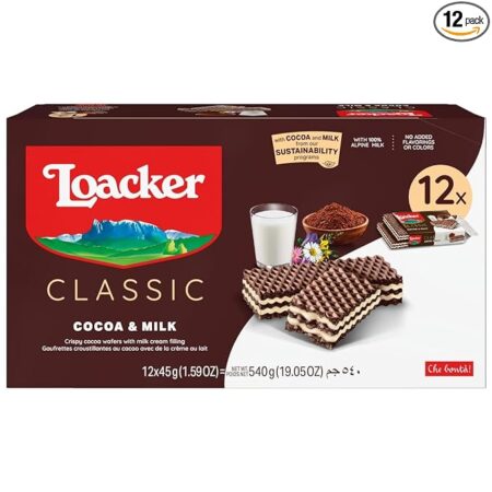 Loacker Classic Cocoa & Milk Wafers - Premium Crispy Cocoa Wafer Cookies with Milk Cream Filling - Multipack of 12 Snack Packs - NON-GMO Cocoa and Alpine Milk - 45g/1.59oz, Pack of 12