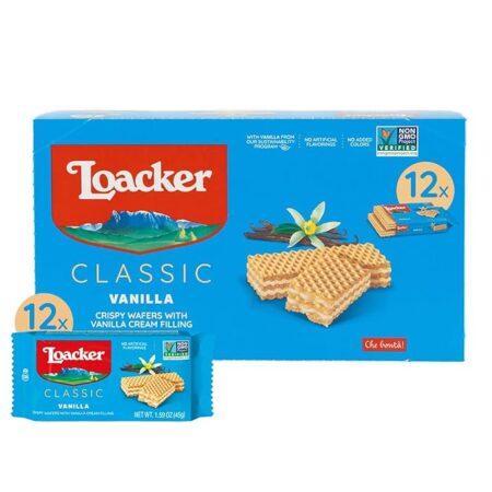 Loacker Classic Vanilla Wafers - Premium Crispy Vanilla Wafer Cookies with Vanilla Cream Filling - Multipack of 12 Snack Packs - NON-GMO - Sustainably Sourced Vanilla - 45g/1.59oz, Pack of 12