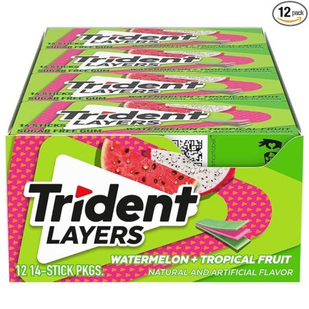 Trident Layers Watermelon & Tropical Fruit Sugar Free Gum, 12 Packs of 14 Pieces (168 Total Pieces)