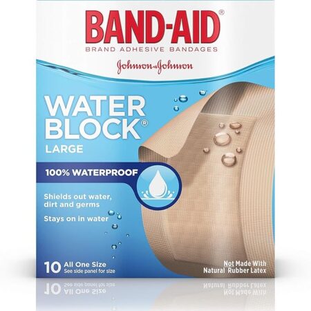 100% Waterproof Large Band-Aid Brand Water Block Plus Waterproof Adhesive Bandages for Minor Cuts and Scrapes, 10 ct