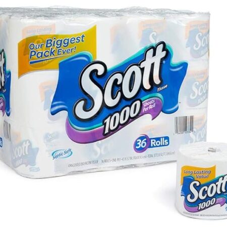 Scott 1000 Toilet Paper, 36 Rolls, Septic-Safe, 1-Ply Toilet Tissue