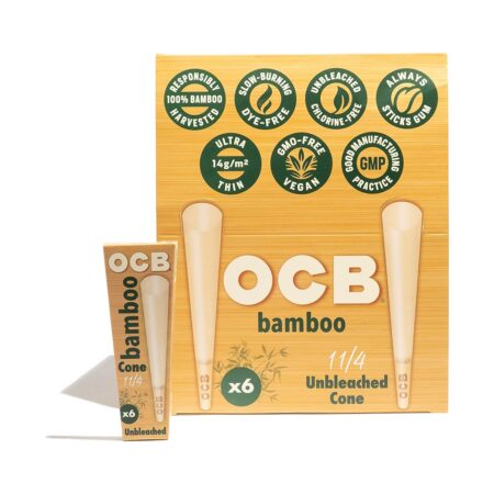 OCB Bamboo Cones - Unbleached 1 1/4 Size (79mm) - Retail Box of 32 Packs of 6 (192 Total)