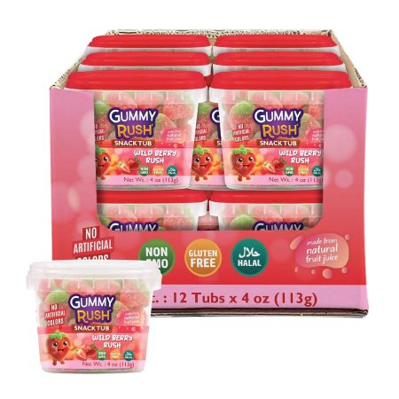 Gummy Rush Premium Candies, Gluten-Free, Halal Certified, Non-GMO, Top 10 Allergen-Free, Soft & Chewy Candy, 113g (4 oz) Snack Tubs - 12 Count (4 Ounce, Wild Berry Rush)