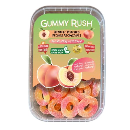 Gummy Rush Sour Belt Vegan Candies 285g (10.05oz), Egg Free, Peanut Free, Fish Free, Soy Free, Sesame Free, Shellfish Free, Dairy Free Chewy Sour Halal Certified Tangy Treat (10.05 Ounce, Atomic Peaches)