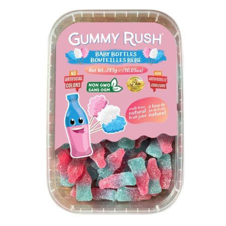 Gummy Rush Sour Belt Vegan Candies 285g (10.05oz), Egg Free, Peanut Free, Fish Free, Soy Free, Sesame Free, Shellfish Free, Dairy Free Chewy Sour Halal Certified Tangy Treat (10.05 Ounce, Baby Bottles)