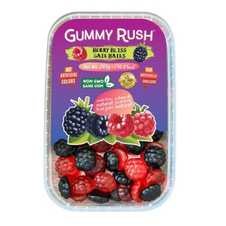Gummy Rush Sour Belt Vegan Candies 285g (10.05oz), Egg Free, Peanut Free, Fish Free, Soy Free, Sesame Free, Shellfish Free, Dairy Free Chewy Sour Halal Certified Tangy Treat (10.05 Ounce, Berry Bliss)