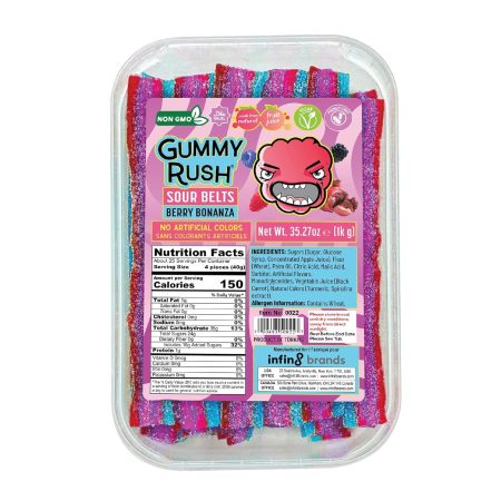Gummy Rush Sour Belt Vegan Candy Strips Bulk Tub, Peanut Free, Non-GMO, Soft, Chewy, Sour, Halal Certified Tangy Treat - 35.27oz (1Kg) (35.27 oz, Berry Bonanza)