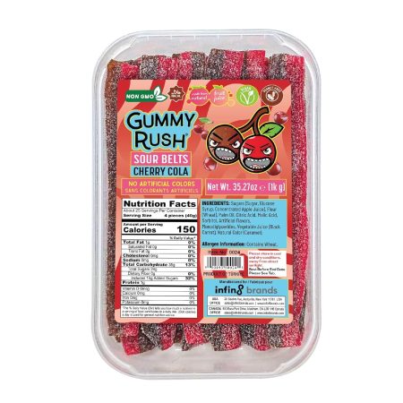 Gummy Rush Sour Belt Vegan Candy Strips Bulk Tub, Peanut Free, Non-GMO, Soft, Chewy, Sour, Halal Certified Tangy Treat - 35.27oz (1Kg) (35.27 oz, Cherry Cola)