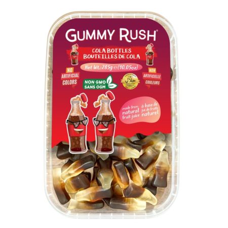 Gummy Rush Sour Belt Vegan Candies 285g (10.05oz), Egg Free, Peanut Free, Fish Free, Soy Free, Sesame Free, Shellfish Free, Dairy Free Chewy Sour Halal Certified Tangy Treat (10.05 Ounce, Cola Bottles)