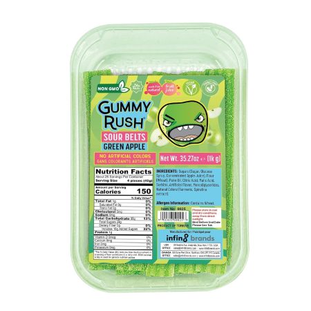 Gummy Rush Sour Belt Vegan Candy Strips Bulk Tub, Peanut Free, Non-GMO, Soft, Chewy, Sour, Halal Certified Tangy Treat - 35.27oz (1Kg) (35.27 oz, Green Apple)