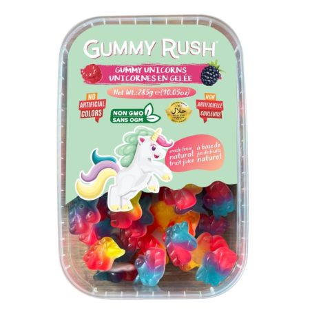 Gummy Rush Sour Belt Vegan Candies 285g (10.05oz), Egg Free, Peanut Free, Fish Free, Soy Free, Sesame Free, Shellfish Free, Dairy Free Chewy Sour Halal Certified Tangy Treat (10.05 Ounce, Gummy Unicorns)