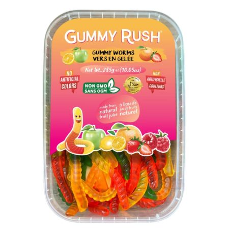 Gummy Rush Sour Belt Vegan Candies 285g (10.05oz), Egg Free, Peanut Free, Fish Free, Soy Free, Sesame Free, Shellfish Free, Dairy Free Chewy Sour Halal Certified Tangy Treat (10.05 Ounce, Gummy Worms)