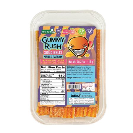 Gummy Rush Sour Belt Vegan Candy Strips Bulk Tub, Peanut Free, Non-GMO, Soft, Chewy, Sour, Halal Certified Tangy Treat - 35.27oz (1Kg) (35.27 oz, Mango Passion)
