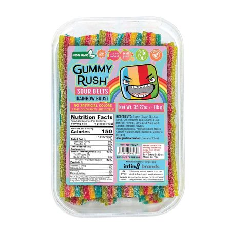 Gummy Rush Sour Belt Vegan Candy Strips Bulk Tub, Peanut Free, Non-GMO, Soft, Chewy, Sour, Halal Certified Tangy Treat - 35.27oz (1Kg) (35.27 oz, Rainbow Brust)