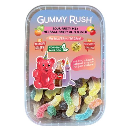 Gummy Rush Sour Belt Vegan Candies 285g (10.05oz), Egg Free, Peanut Free, Fish Free, Soy Free, Sesame Free, Shellfish Free, Dairy Free Chewy Sour Halal Certified Tangy Treat (10.05 Ounce, Sour Party Mix)