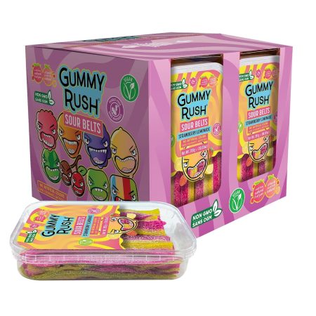 Gummy Rush Sour Belt Candies 285g (10.05oz), Egg Free, Peanut Free, Fish Free, Soy Free, Sesame Free, Shellfish Free, Dairy Free Chewy Sour Tangy Treat - Pack of 12 (10.05 oz, Strawberry Lemonade)