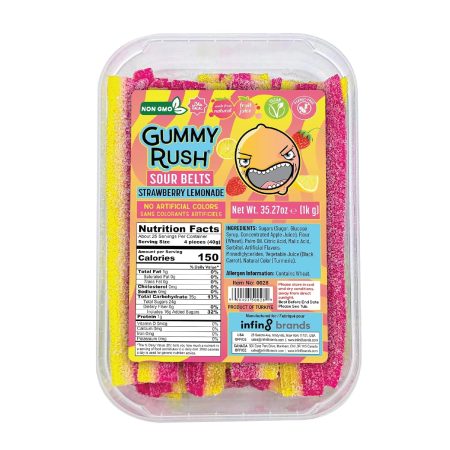 Gummy Rush Sour Belt Vegan Candy Strips Bulk Tub, Peanut Free, Non-GMO, Soft, Chewy, Sour, Halal Certified Tangy Treat - 35.27oz (1Kg) (35.27 oz, Strawberry Lemonade)