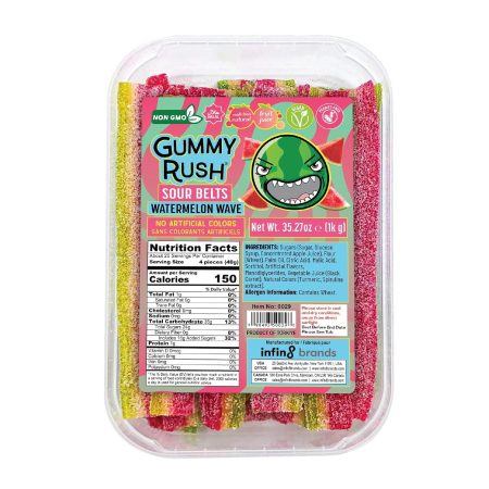 Gummy Rush Sour Belt Vegan Candy Strips Bulk Tub, Peanut Free, Non-GMO, Soft, Chewy, Sour, Halal Certified Tangy Treat - 35.27oz (1Kg) (35.27 oz, Watermelon Wave)