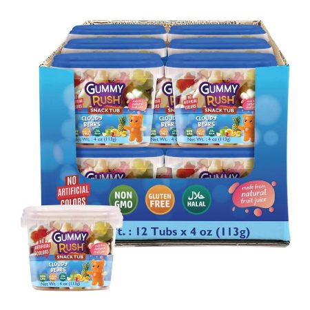 Gummy Rush Premium Candies, Gluten-Free, Halal Certified, Non-GMO, Top 10 Allergen-Free, Soft & Chewy Candy, 113g (4 oz) Snack Tubs - 12 Count (4 Ounce, Cloudy Bears)