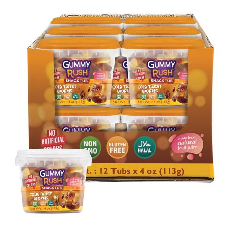 Gummy Rush Premium Candies, Gluten-Free, Halal Certified, Non-GMO, Top 10 Allergen-Free, Soft & Chewy Candy, 113g (4 oz) Snack Tubs - 12 Count (4 Ounce, Cola Twist Worms)
