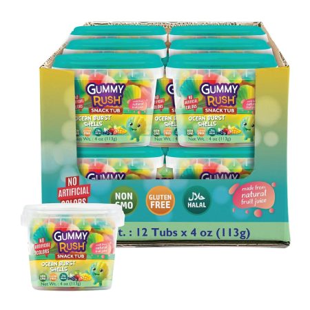 Gummy Rush Premium Candies, Gluten-Free, Halal Certified, Non-GMO, Top 10 Allergen-Free, Soft & Chewy Candy, 113g (4 oz) Snack Tubs - 12 Count (4 Ounce, Ocean Burst Shells)