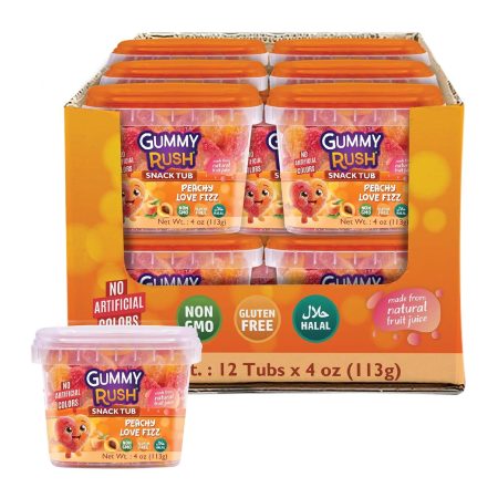 Gummy Rush Premium Candies, Gluten-Free, Halal Certified, Non-GMO, Top 10 Allergen-Free, Soft & Chewy Candy, 113g (4 oz) Snack Tubs - 12 Count (4 Ounce, Peachy Love Fizz)