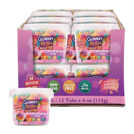 Gummy Rush Premium Candies, Gluten-Free, Halal Certified, Non-GMO, Top 10 Allergen-Free, Soft & Chewy Candy, 113g (4 oz) Snack Tubs - 12 Count (4 Ounce, Fizzy Splash Fish)