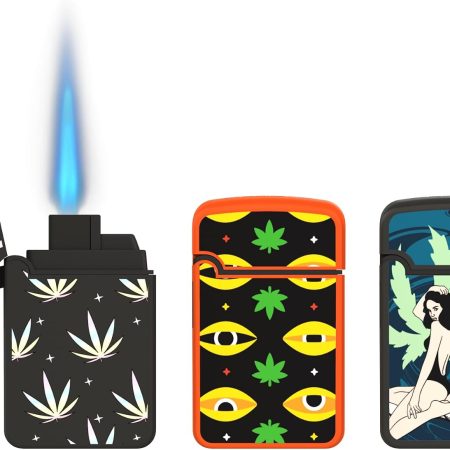 Zengaz 3 Pack Cool Torch Lighters - Refillable Butane Lighter, Windproof Jet Flame, Rubberized Matte Finish, No Flint for Men & Women Plus, Green Canna-Queen, 3-Count (Without Gas)