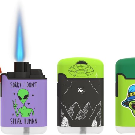 Zengaz 3 Pack Cool Torch Lighters - Refillable Butane Lighter, Windproof Jet Flame, Rubberized Matte Finish, No Flint for Men & Women Plus, Cosmic Crew, 3-Count (Without Gas)