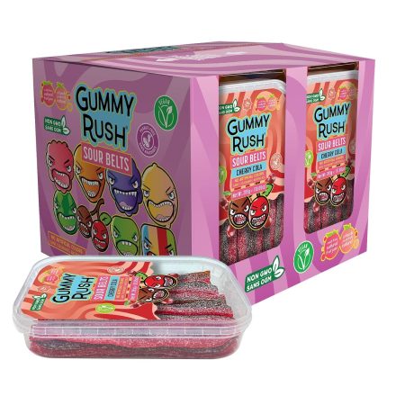 Gummy Rush Sour Belt Candies 285g (10.05oz), Egg Free, Peanut Free, Fish Free, Soy Free, Sesame Free, Shellfish Free, Dairy Free Chewy Sour Tangy Treat - Pack of 12 (10.05 oz, Cherry Cola)
