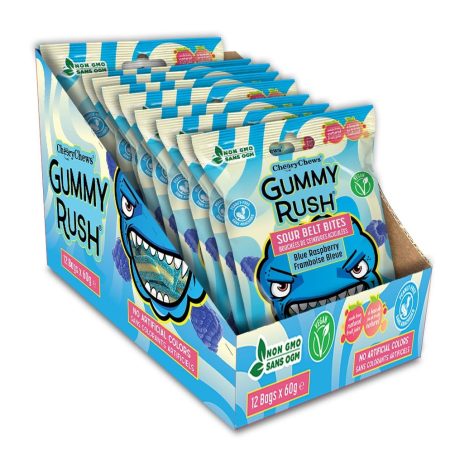 Gummy Rush Sour Belt Candies 2.11oz, Egg Free, Peanut Free, Fish Free, Soy Free, Sesame Free, Shellfish Free, Chewy Sour Tangy Treat - Pack of 12 (2.11oz, Blue Raspberry)