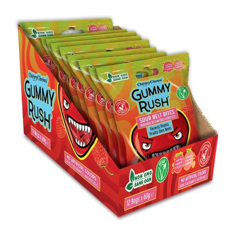 Gummy Rush Sour Belt Candies 2.11oz, Egg Free, Peanut Free, Fish Free, Soy Free, Sesame Free, Shellfish Free, Chewy Sour Tangy Treat - Pack of 12 (2.11oz, Forest Fruits)