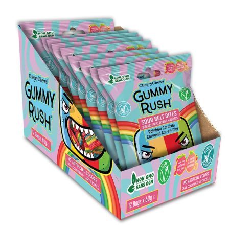 Gummy Rush Sour Belt Candies 2.11oz, Egg Free, Peanut Free, Fish Free, Soy Free, Sesame Free, Shellfish Free, Chewy Sour Tangy Treat - Pack of 12 (2.11oz, Rainbow Carniva)