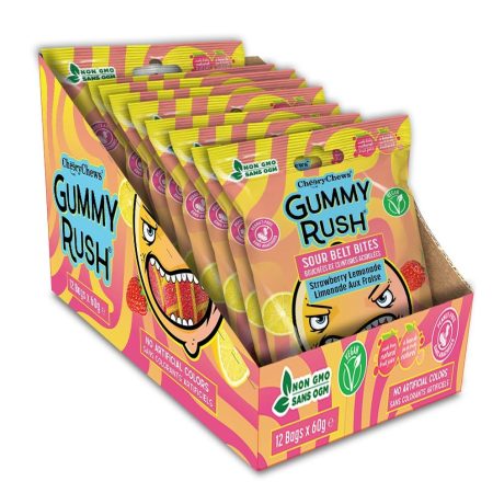 Gummy Rush Sour Belt Candies 2.11oz, Egg Free, Peanut Free, Fish Free, Soy Free, Sesame Free, Shellfish Free, Chewy Sour Tangy Treat - Pack of 12 (2.11oz, Strawberry Lemonade)