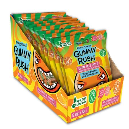 Gummy Rush Sour Belt Candies 2.11oz, Egg Free, Peanut Free, Fish Free, Soy Free, Sesame Free, Shellfish Free, Chewy Sour Tangy Treat - Pack of 12 (2.11oz, Tangerine Dream)