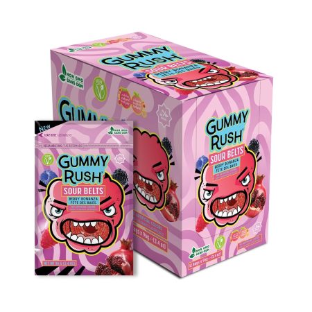 Gummy Rush Sour Belt Candies 3.4 oz, Egg Free, Peanut Free, Fish Free, Soy Free, Sesame Free, Shellfish Free, Chewy Sour Tangy Treat - Pack of 12 (3.4 oz, Berry Bonanza)